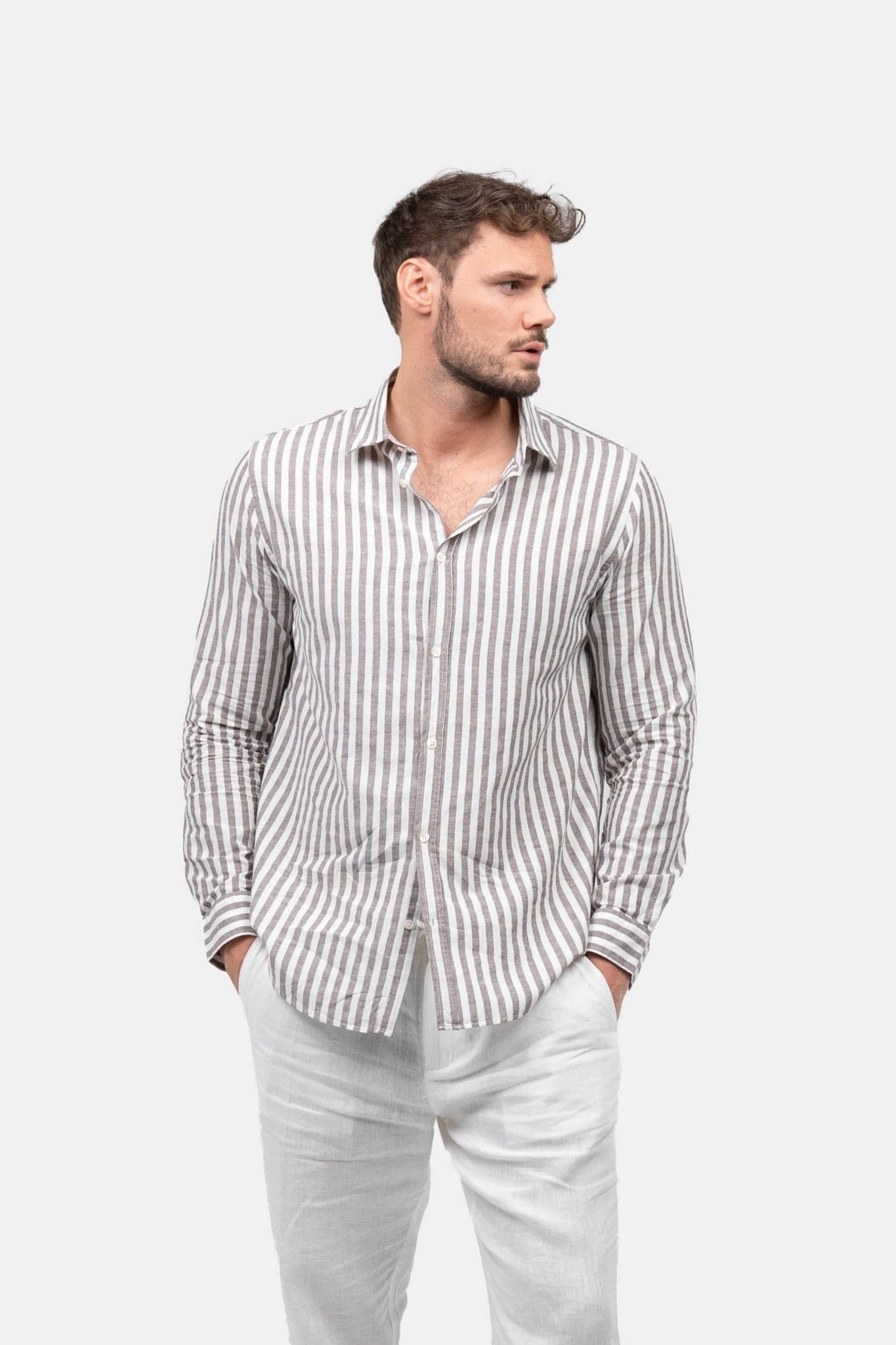 Langærmet Hørskjorte Kastanje Stribet | Skagen-clothing.dk
